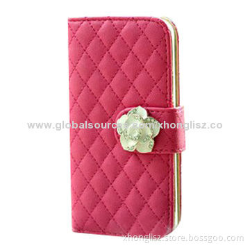 Checked stitching PU case with diamond decoration design PU flip case for iPhone, many color optionsNew